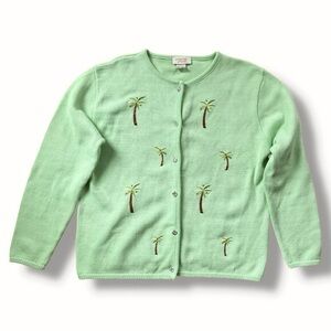 Vintage 90s Tia Green Knit Palm Tree Embroidered Cardigan Women’s Size Medium